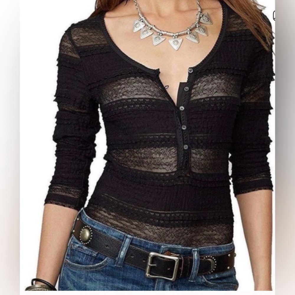 Ralph Lauren Black Sheer Lace Henley Top - Women